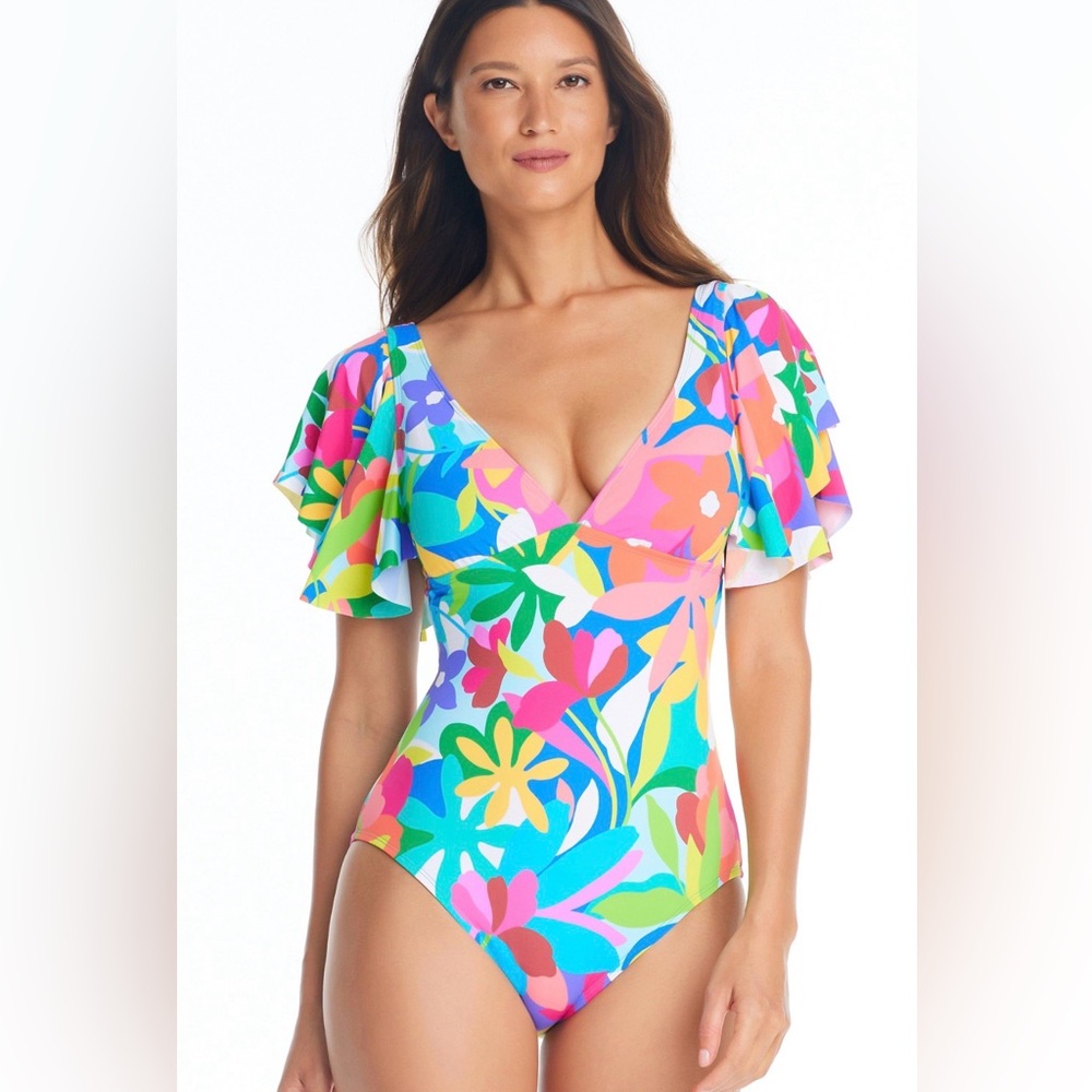 Bleu by Rod Beattie Away We Go Ruffle-Sleeve One-Piece floral Swimsuit 10